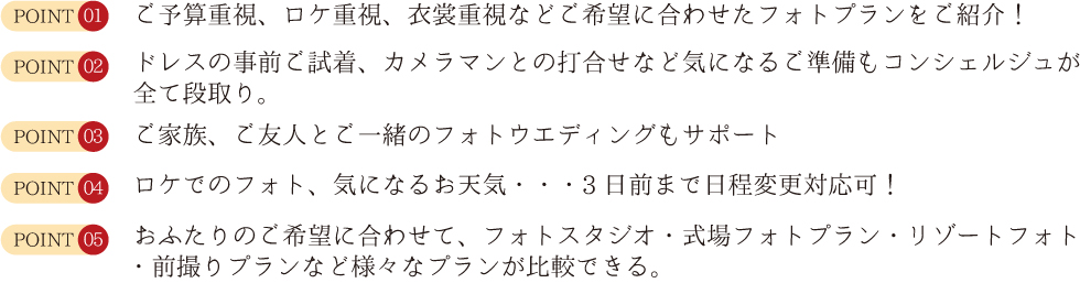 ご予算重視、ロケ重視、衣裳重視などご希望に合わせたフォトプランをご紹介！/ドレスの事前ご試着、カメラマンとの打合せなど気になるご準備もコンシェルジュが全て段取り。/ご家族、ご友人とご一緒のフォトウエディングもサポート/ロケでのフォト、気になるお天気・・・3日前まで日程変更対応可！/おふたりのご希望に合わせて、フォトスタジオ・式場フォトプラン・リゾートフォト・前撮りプランなど様々なプランが比較できる。